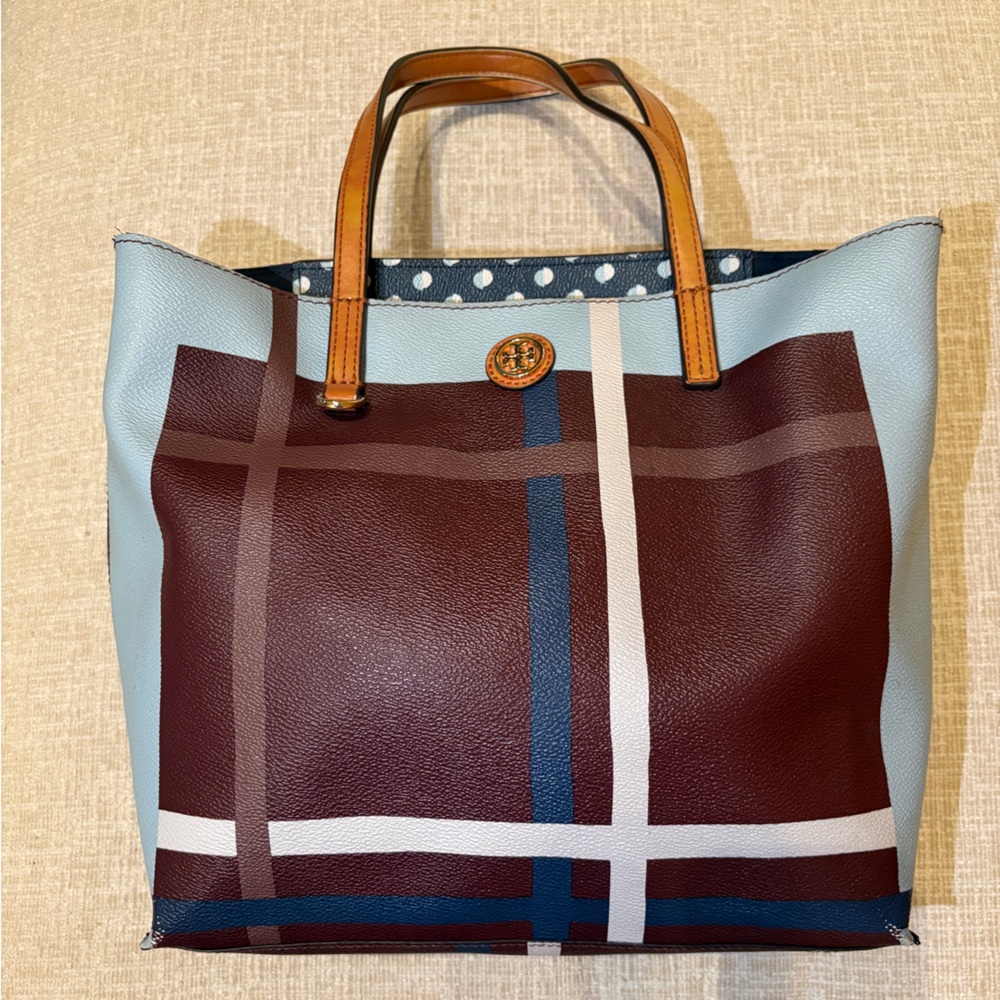 Tory Burch Kerrington Square Plaid Tote Bag Burgundy Blue